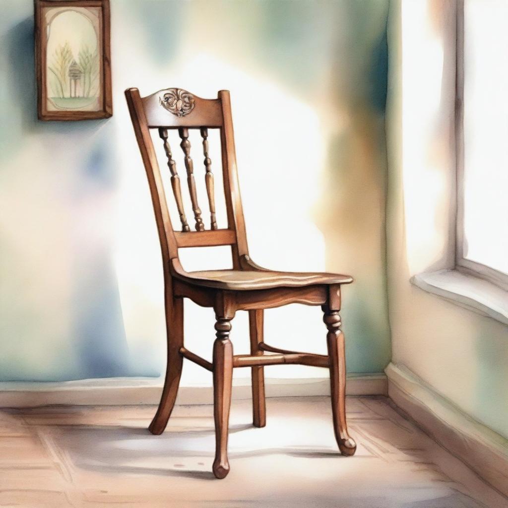 A watercolor painting of a wooden crutch beside a wooden chair