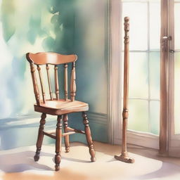 A watercolor painting of a wooden crutch beside a wooden chair