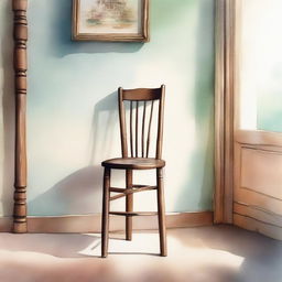 A watercolor painting of a wooden crutch beside a wooden chair