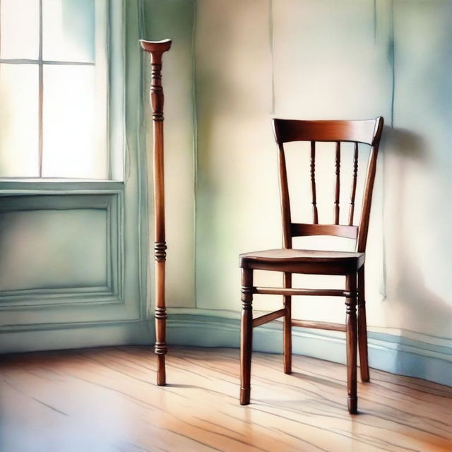 A watercolor painting of a wooden crutch beside a wooden chair