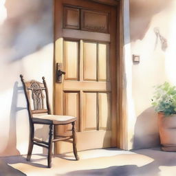 A watercolor painting of a wooden crutch beside a wooden chair placed near the front door