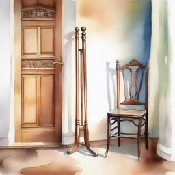 A watercolor painting of a wooden crutch beside a wooden chair placed near the front door