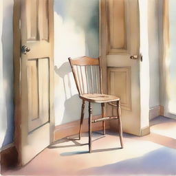 A watercolor painting of a wooden crutch beside a wooden chair placed near the front door