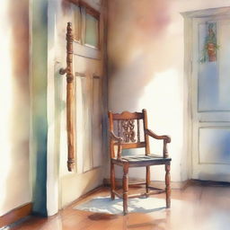 A watercolor painting of a wooden crutch beside a wooden chair placed near the front door