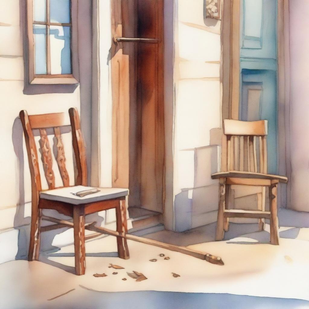 A watercolor painting of a wooden crutch beside a wooden chair placed near the front door on the street