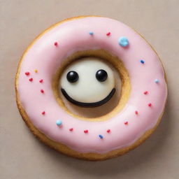 A delicious donut with a smiley face frosted on top. Nestled in its hole is a perfect cookie, creating a playful whimsical treat.