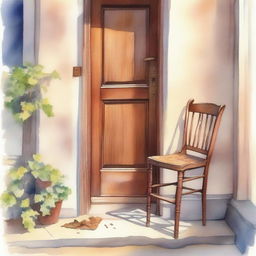 A watercolor painting of a wooden crutch beside a wooden chair placed near the front door on the street