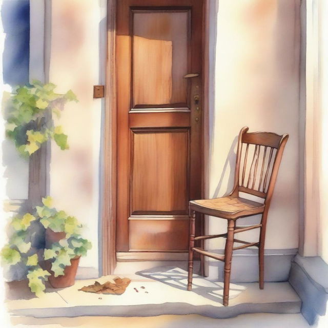 A watercolor painting of a wooden crutch beside a wooden chair placed near the front door on the street