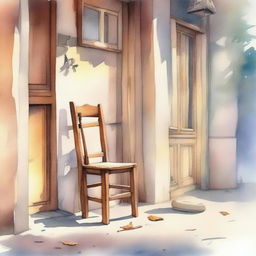 A watercolor painting of a wooden crutch beside a wooden chair placed near the front door on the street