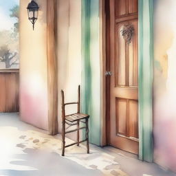 A watercolor painting of a wooden crutch beside a wooden chair placed near the front door on the street