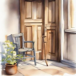 A watercolor painting of a wooden crutch beside a wooden chair placed near the front door of an old house on the street