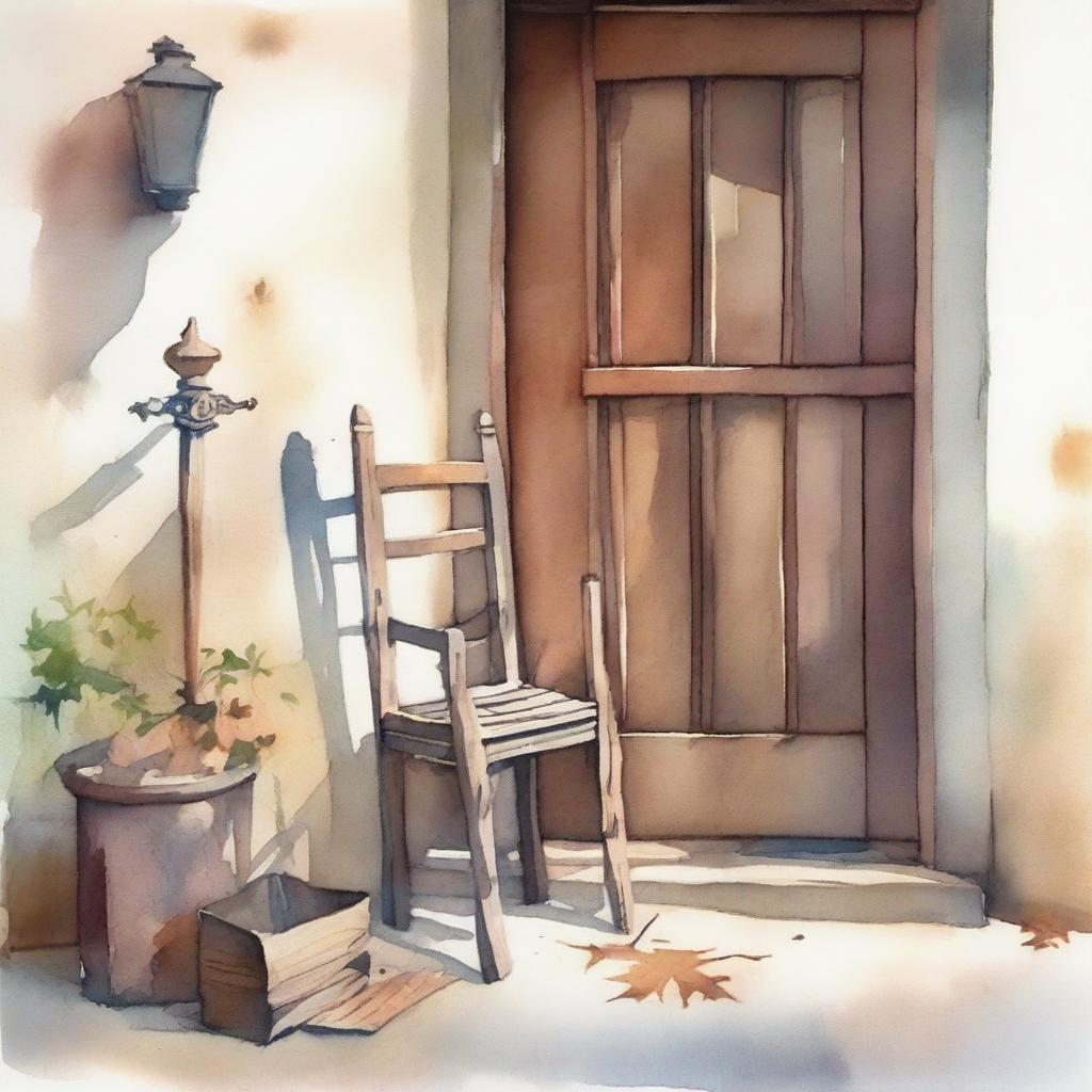 A watercolor painting of a wooden crutch beside a wooden chair placed near the front door of an old house on the street