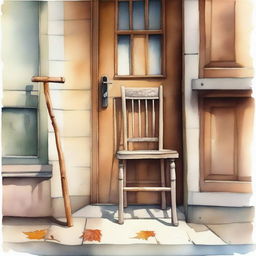 A watercolor painting of a wooden crutch beside a wooden chair placed near the front door of an old house on the street