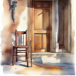 A watercolor painting of a wooden crutch beside a wooden chair placed near the front door of an old house on the street