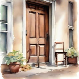 A watercolor painting of a wooden crutch beside a wooden chair placed near the front door of an old house on the street