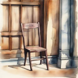 A watercolor painting of a wooden crutch beside a wooden chair placed near the front door of an old house on the street