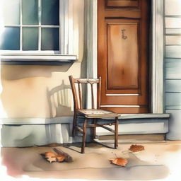 A watercolor painting of a wooden crutch beside a wooden chair placed near the front door of an old house on the street