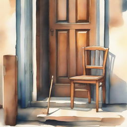 A watercolor painting of a wooden crutch beside a wooden chair placed near the front door of an old house on the street