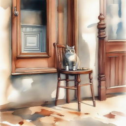 A watercolor painting of a wooden crutch beside a wooden chair placed near the front door of an old house on the street