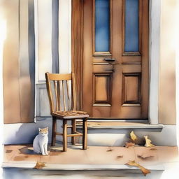 A watercolor painting of a wooden crutch beside a wooden chair placed near the front door of an old house on the street