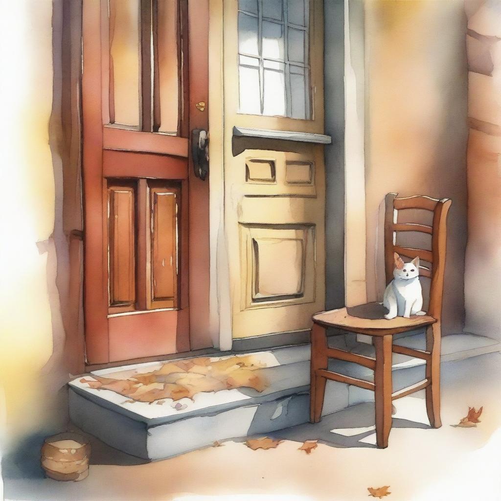 A watercolor painting of a wooden crutch beside a wooden chair placed near the front door of an old house on the street