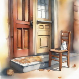 A watercolor painting of a wooden crutch beside a wooden chair placed near the front door of an old house on the street