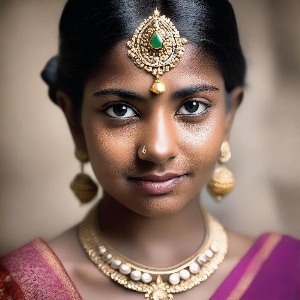 A portrait of an Indian girl with a focus on her cultural attire and traditional jewelry