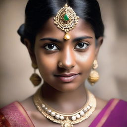 A portrait of an Indian girl with a focus on her cultural attire and traditional jewelry