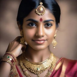 A portrait of an Indian girl with a focus on her cultural attire and traditional jewelry