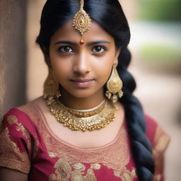 A portrait of an Indian girl with a focus on her cultural attire and traditional jewelry