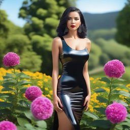 A seductive woman wearing a sleek, black latex dress, striking a confident pose on a bright summer day