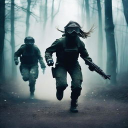 A girl in a paintball suit, holding a paintball gun, is running towards a big, dark, complicated, and misty labyrinth