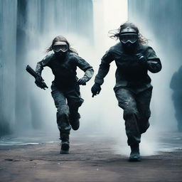 A girl in a paintball suit, holding a paintball gun, is running towards a big, dark, complicated, and misty labyrinth