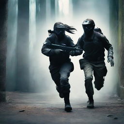 A girl in a paintball suit, holding a paintball gun, is running towards a big, dark, complicated, and misty labyrinth