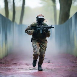 A girl in a paintball suit is running towards a big, dark, and complicated labyrinth while holding a paintball gun