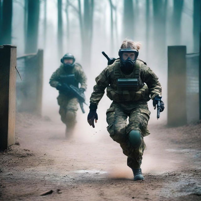 A girl in a paintball suit is running towards a big, dark, and complicated labyrinth while holding a paintball gun