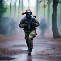 A girl in a paintball suit is running towards a big, dark, and complicated labyrinth while holding a paintball gun