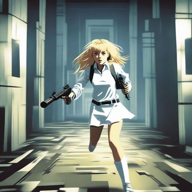 A blond girl, wearing a white school uniform and holding a paintball gun, is running towards a big, dark, and complicated labyrinth