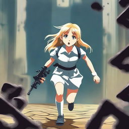 A blond girl, wearing a white school uniform and holding a paintball gun, is running towards a big, dark, and complicated labyrinth