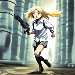 A blond girl, wearing a white school uniform and holding a paintball gun, is running towards a big, dark, and complicated labyrinth