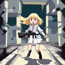 A blond girl, wearing a white school uniform and holding a paintball gun, is running towards a big, dark, and complicated labyrinth