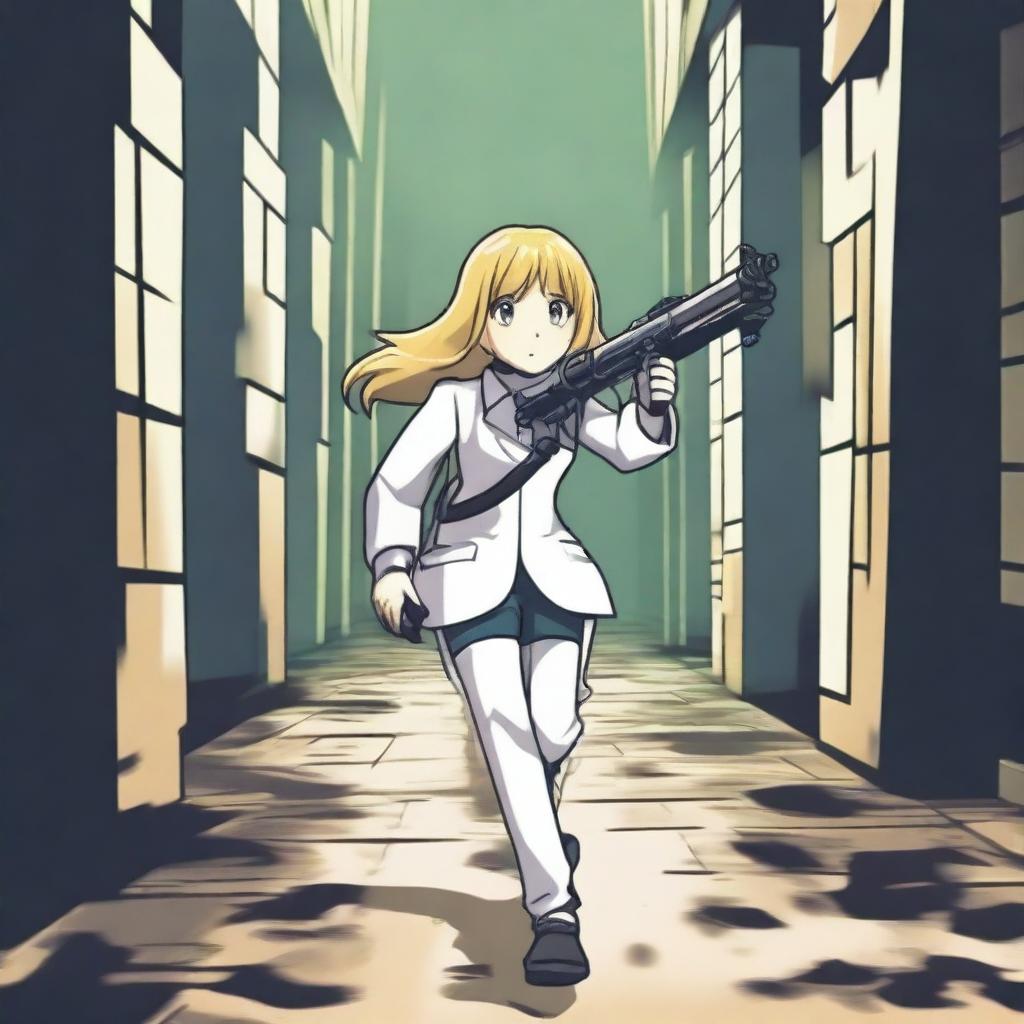 An unknown blond girl with no face, wearing a white school uniform and holding a paintball gun, is running towards a big, dark, and complicated labyrinth