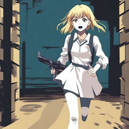 An unknown blond girl with no face, wearing a white school uniform and holding a paintball gun, is running towards a big, dark, and complicated labyrinth