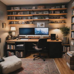 A content creator's studio with engaging elements like high-end tech equipment, soundproofing materials, trendy furniture, warm ambient lighting, and shelves full of books and collectibles.