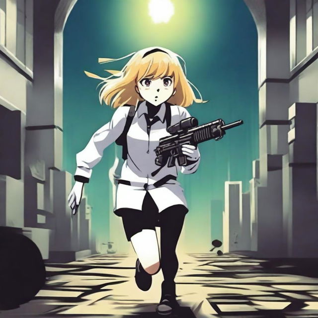 An unknown blond girl with no face, wearing a white school uniform and holding a paintball gun, is running towards a big, dark, and complicated labyrinth