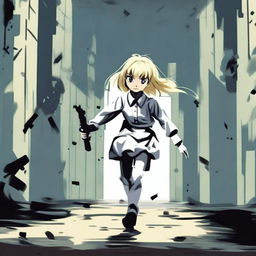 An unknown blond girl with no face, wearing a white school uniform and holding a paintball gun, is running towards a big, dark, and complicated labyrinth