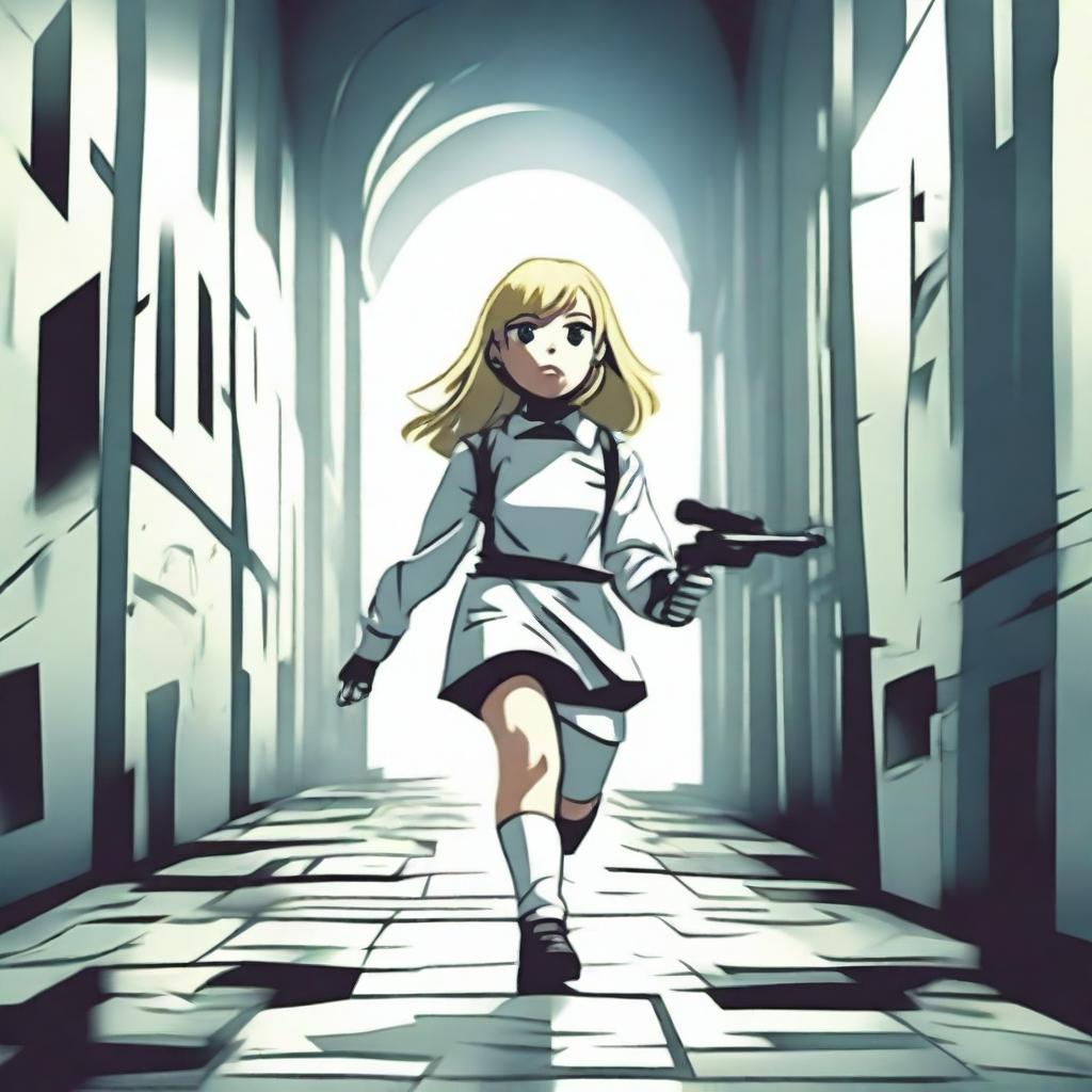 An unknown blond girl with no face, wearing a white school uniform and holding a paintball gun, is running towards a big, dark, and complicated labyrinth