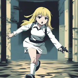 An unknown blond girl with no face, wearing a white school uniform and holding a paintball gun, is running towards a big, dark, and complicated labyrinth