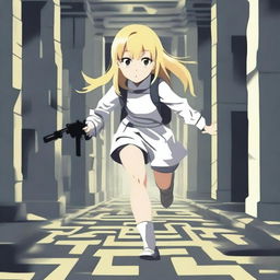 An unknown blond girl with no face, wearing a white school uniform and holding a paintball gun, is running towards a big, dark, and complicated labyrinth