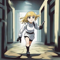 An unknown blond girl with no face, wearing a white school uniform and holding a paintball gun, is running towards a big, dark, and complicated labyrinth